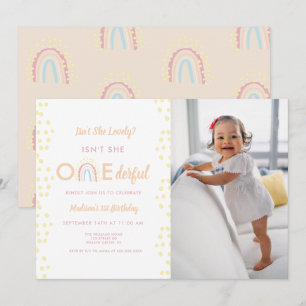 Boho Rainbow Girl Lolly Onederful Photo Birthday Inbjudningar