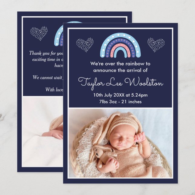 Boho Rainbow Girl Navy Blue Birth Notice Meddelande (Fram/baksida)
