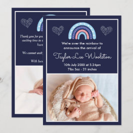 Boho Rainbow Girl Navy Blue Birth Notice Meddelande