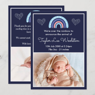 Boho Rainbow Girl Navy Blue Birth Notice Meddelande