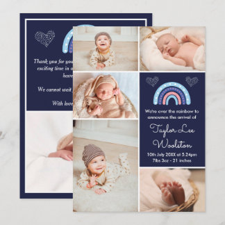 Boho Rainbow Girl Navy Blue Birth Notice Meddelande
