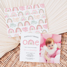 Boho Rainbow Girl's 1st Birthday Party Photo Invit