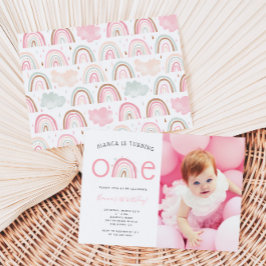 Boho Rainbow Girl's 1st Birthday Party Photo Invit Inbjudningar