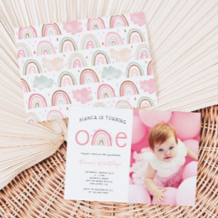 Boho Rainbow Girl's 1st Birthday Party Photo Invit Inbjudningar