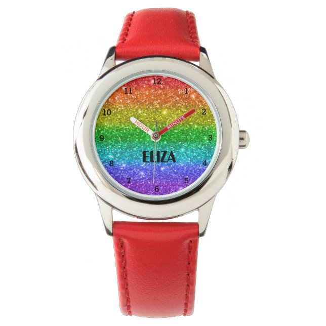 Boho Rainbow Glitter Cute Girls Rosa Kids Armbandsur (Framsida)
