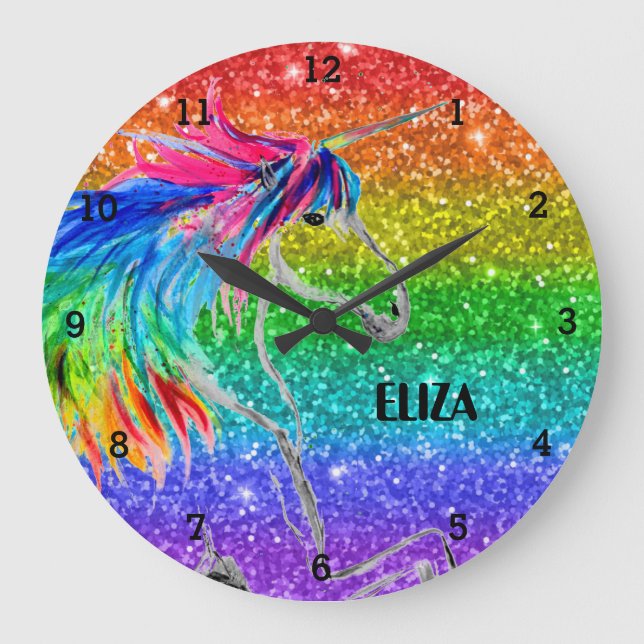 Boho Rainbow Glitter Cute Girls Unicorn Kids Stor Klocka (Framsida)