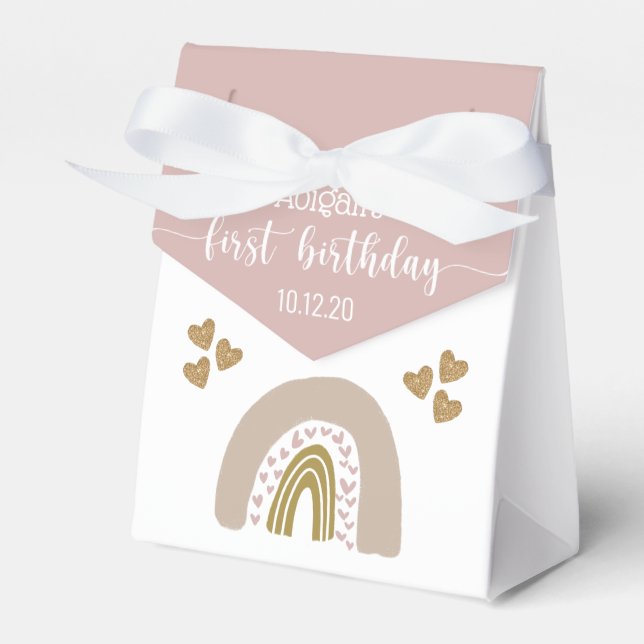 Boho Rainbow Glitter Heart First Birthday Favor Bo Presentaskar (Framsidan Sidan)