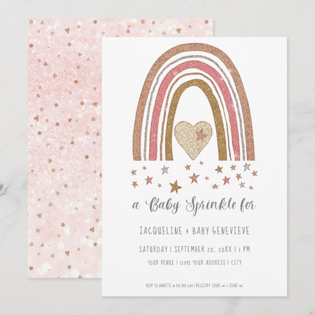 BOHO Rainbow Glitter Rosa Guld Girl Baby Shower in Inbjudningar (Fram/baksida)