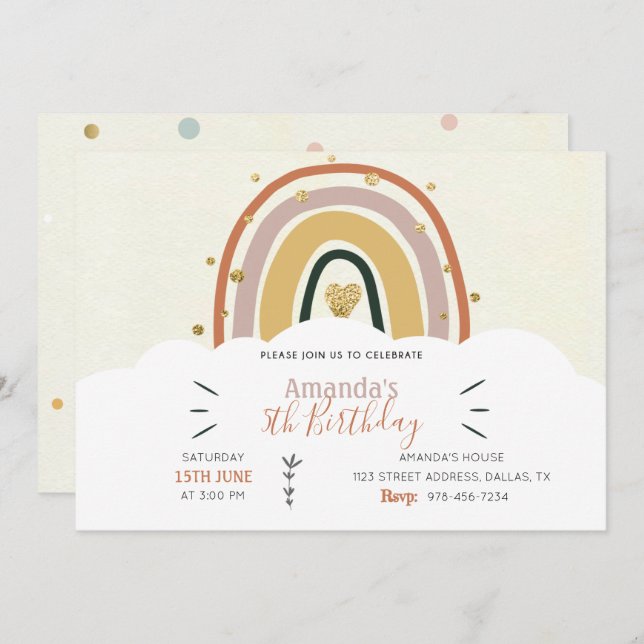 Boho Rainbow Golden Birthday-inbjudan Inbjudningar (Fram/baksida)