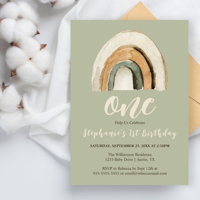 Boho Rainbow Grönt 1:a födelsedagens budgetinbjuda (Skapare uppladdad)