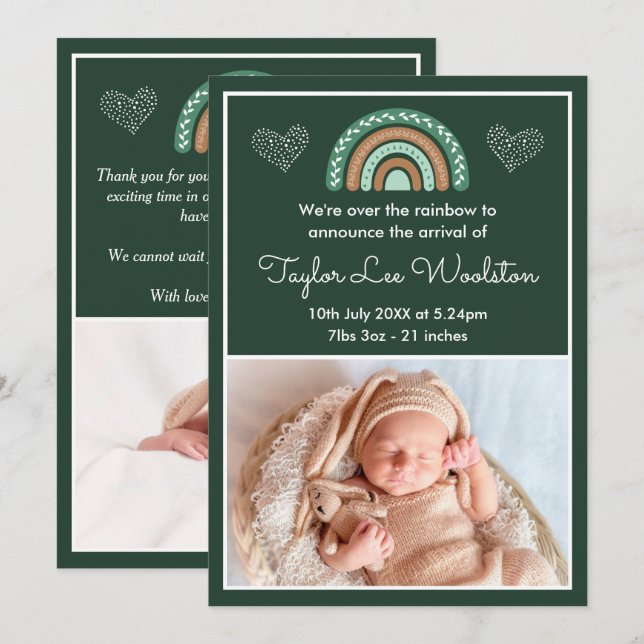 Boho Rainbow Grönt Birth Notice Meddelande (Fram/baksida)