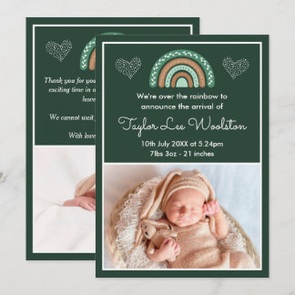 Boho Rainbow Grönt Birth Notice Meddelande
