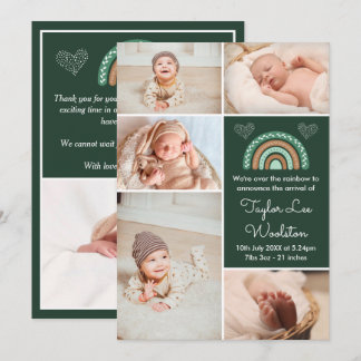 Boho Rainbow Grönt Birth Notice Meddelande