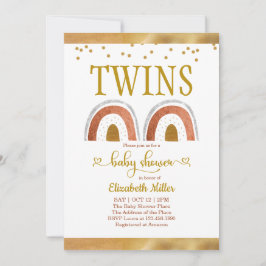 Boho Rainbow Guld Twin Baby Shower-inbjudan