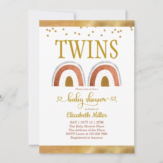 Boho Rainbow Guld Twin Baby Shower-inbjudan (Framsida)