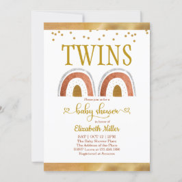Boho Rainbow Guld Twin Baby Shower-inbjudan