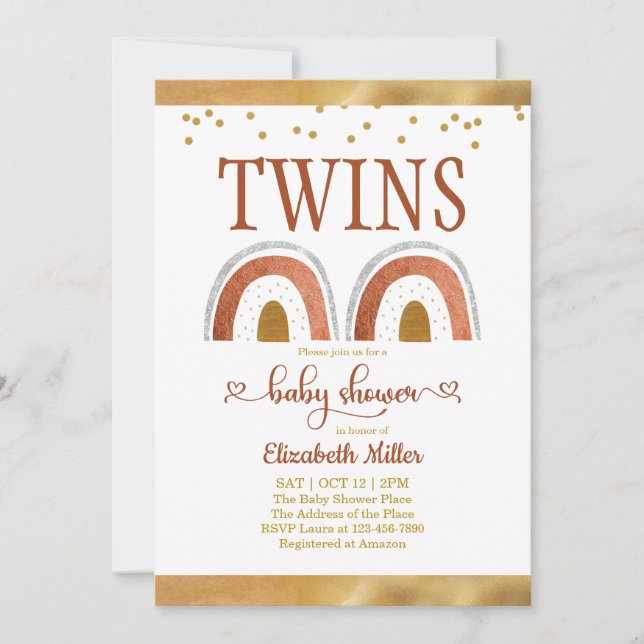 Boho Rainbow Guld Twin Baby Shower-inbjudan (Framsida)