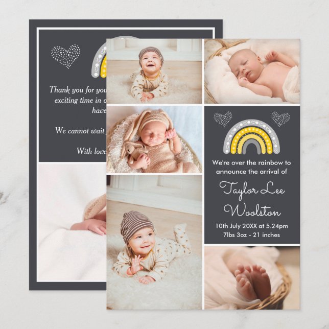 Boho Rainbow Gult och Grått Birth Notice Meddelande (Fram/baksida)