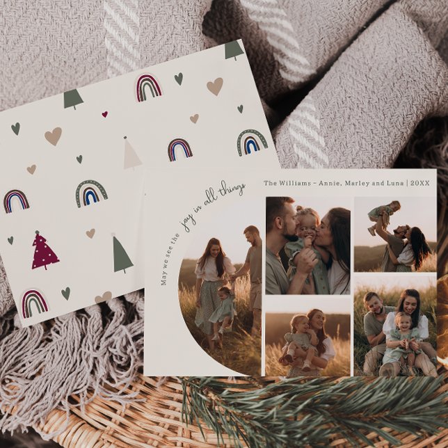 Boho Rainbow & Heart Arch Beige Joy i alla fem fot Julkort (Skapare uppladdad)