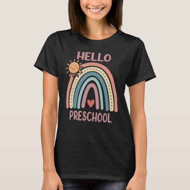 Boho Rainbow Heart For Teachers Women Hello Presch T Shirt (Framsida)