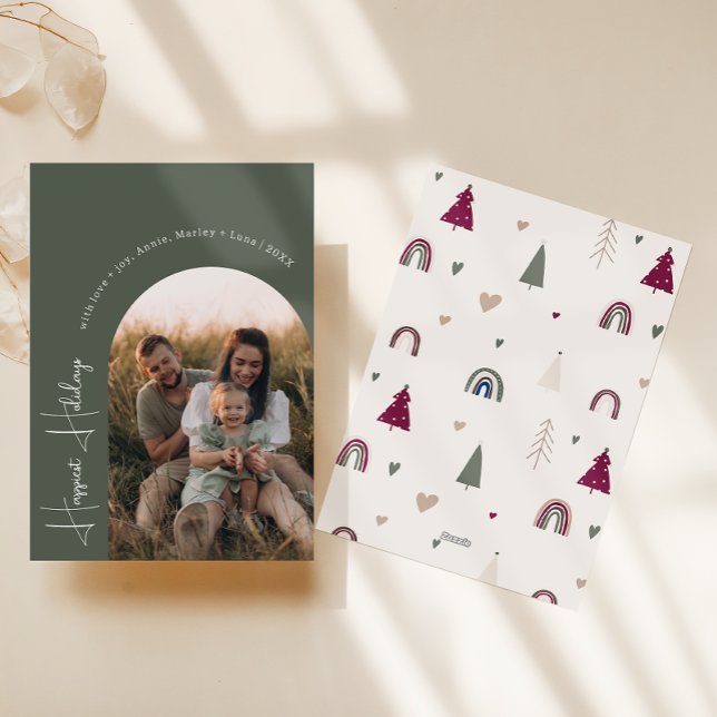Boho Rainbow & Hearts Arch Grönt Photo Happiest Julkort (Skapare uppladdad)