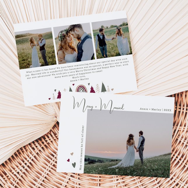 Boho Rainbow & Hearts Merry & Married Four Photo Julkort (Skapare uppladdad)
