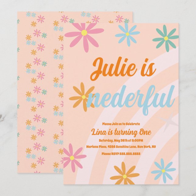 Boho Rainbow Jordnära Första Födelsedags Onederful Inbjudningar (Fram/baksida)
