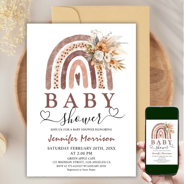 Boho Rainbow | Kön Neutral Brown Baby Shower Inbjudningar (Skapare uppladdad)
