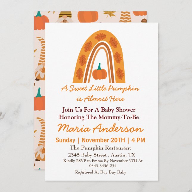 Boho Rainbow Little Pumpkin Fall Baby Shower Inbjudningar (Fram/baksida)