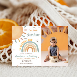 Boho Rainbow Little Sunshine 1:a födelsedagsfoto Inbjudningar