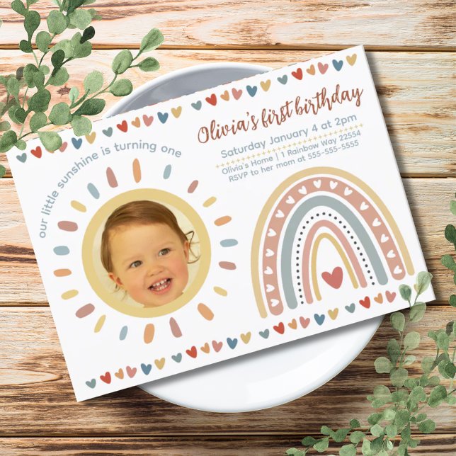Boho Rainbow | Little Sunshine Birthday Photo Inbjudningar (Boho Rainbow | Little Sunshine Birthday Photo Invitation)