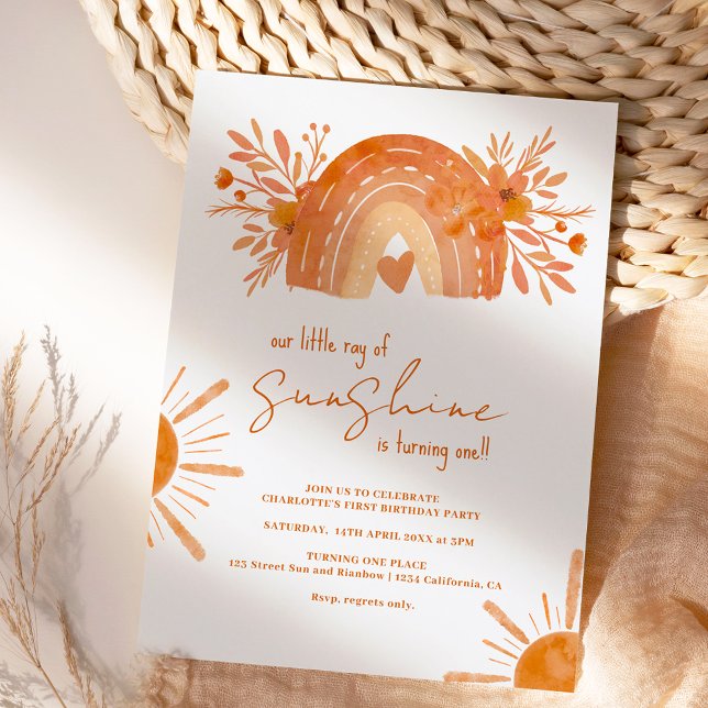 Boho rainbow Little sunshine orange 1 år Inbjudningar (Skapare uppladdad)