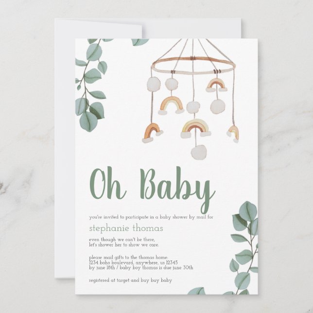 Boho Rainbow Mobile Baby Shower by Mail Greenery Inbjudningar (Framsida)