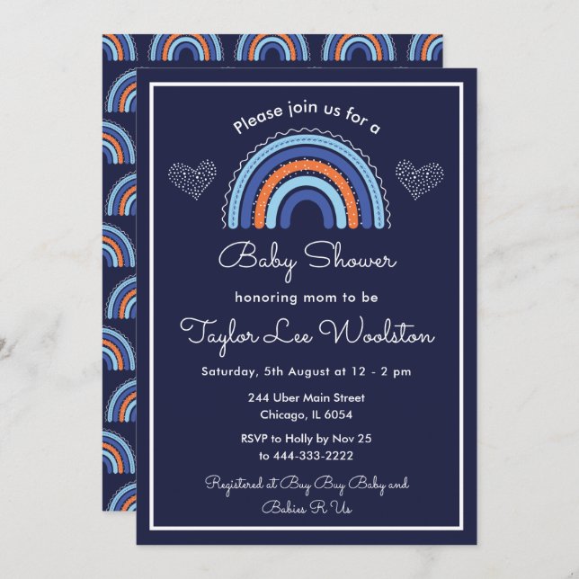 Boho Rainbow Navy Blue Baby Shower Inbjudningar (Fram/baksida)