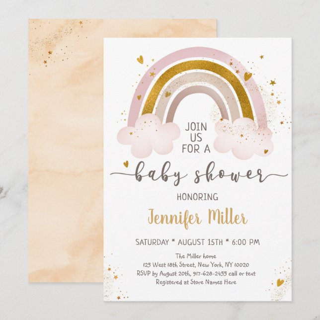 Boho Rainbow Neutralt Guld Baby Shower Inbjudningar (Fram/baksida)