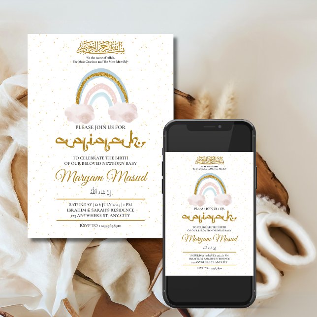 Boho Rainbow Newborn Flicka Aqiqah Muslim Inbjudningar (Skapare uppladdad)