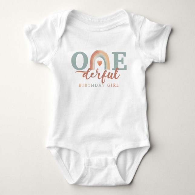 Boho Rainbow Onederful Birthday Girl Baby Bodykost T Shirt (Framsida)