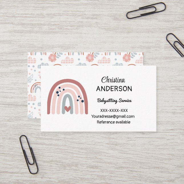 Boho Rainbow Pastel Heart Babysit Visitkort (Fram/Back In Situ)