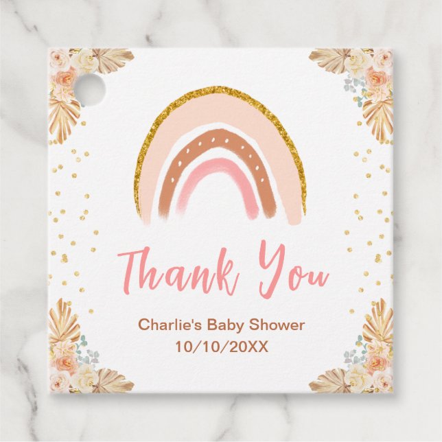 Boho Rainbow Rosa Baby Shower Tack Gåvor Etiketter (Framsida)