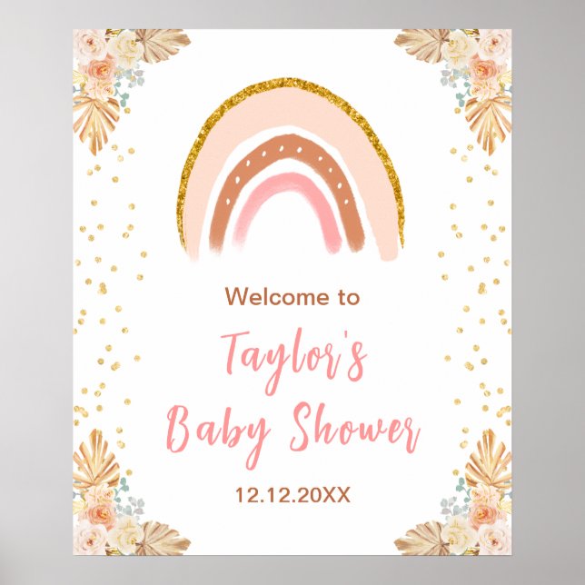 Boho Rainbow Rosa Baby Shower Välkommen Poster (Framsidan)