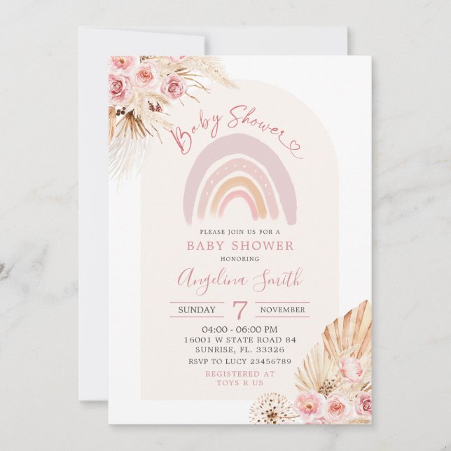 Boho Rainbow Rosa Blommigt Baby Shower-inbjudan fö Inbjudningar (Framsida)