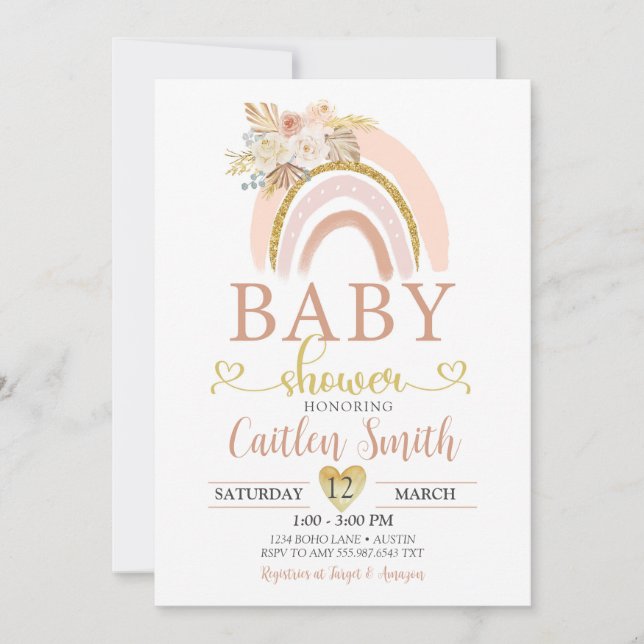 Boho Rainbow Rosa Guld Baby Shower-inbjudan Inbjudningar (Framsida)