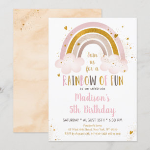 Boho Rainbow Rosa Guld Birthday Inbjudningar