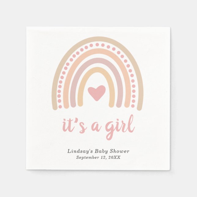 Boho Rainbow Rosa Heart Cute Girl Baby Shower Pappersservett (Framsidan)