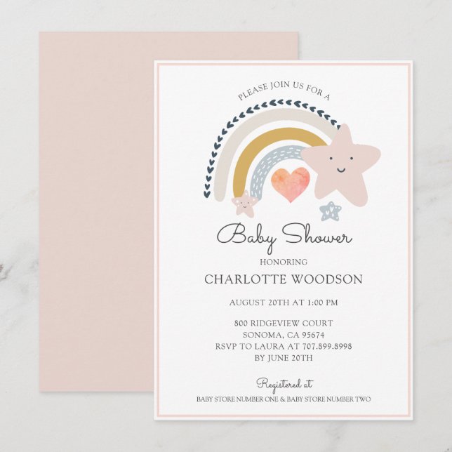 Boho Rainbow Rosa Heart Girl Baby Shower Inbjudningar (Fram/baksida)