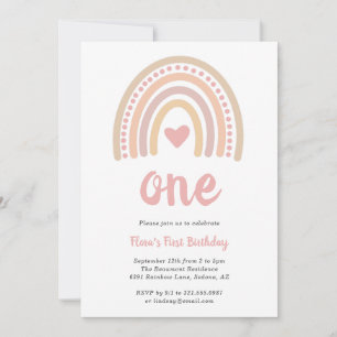 Boho Rainbow Rosa Heart Girl Cute First Birth Inbjudningar
