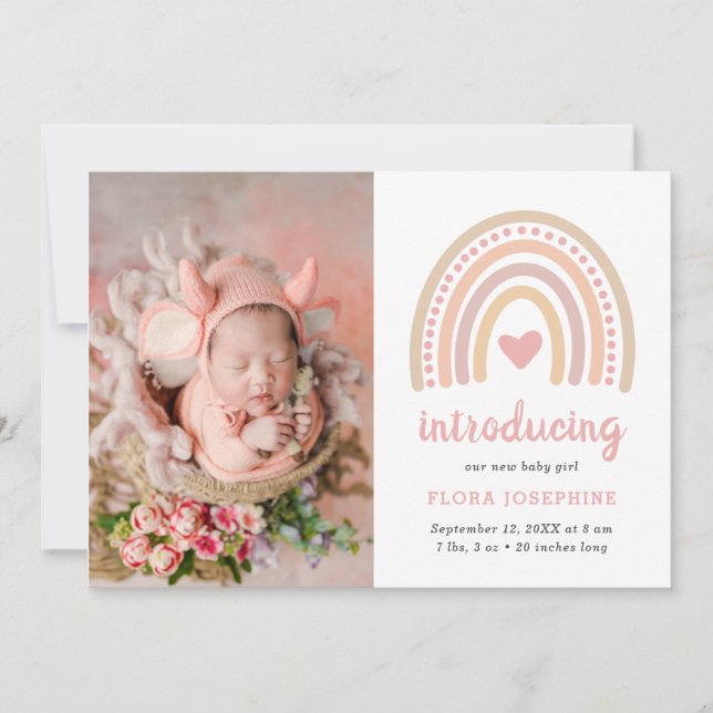 Boho Rainbow Rosa Heart Photo Flicka Cute Birth Meddelande (Framsida)