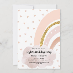 Boho Rainbow Rosa och Guld Birthday Inbjudningar