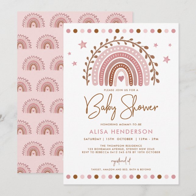 Boho Rainbow | Rosa Terracotta Baby Shower Inbjudningar (Fram/baksida)