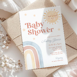 Boho Rainbow & Smiling Sol Watercolor Baby Shower Inbjudningar